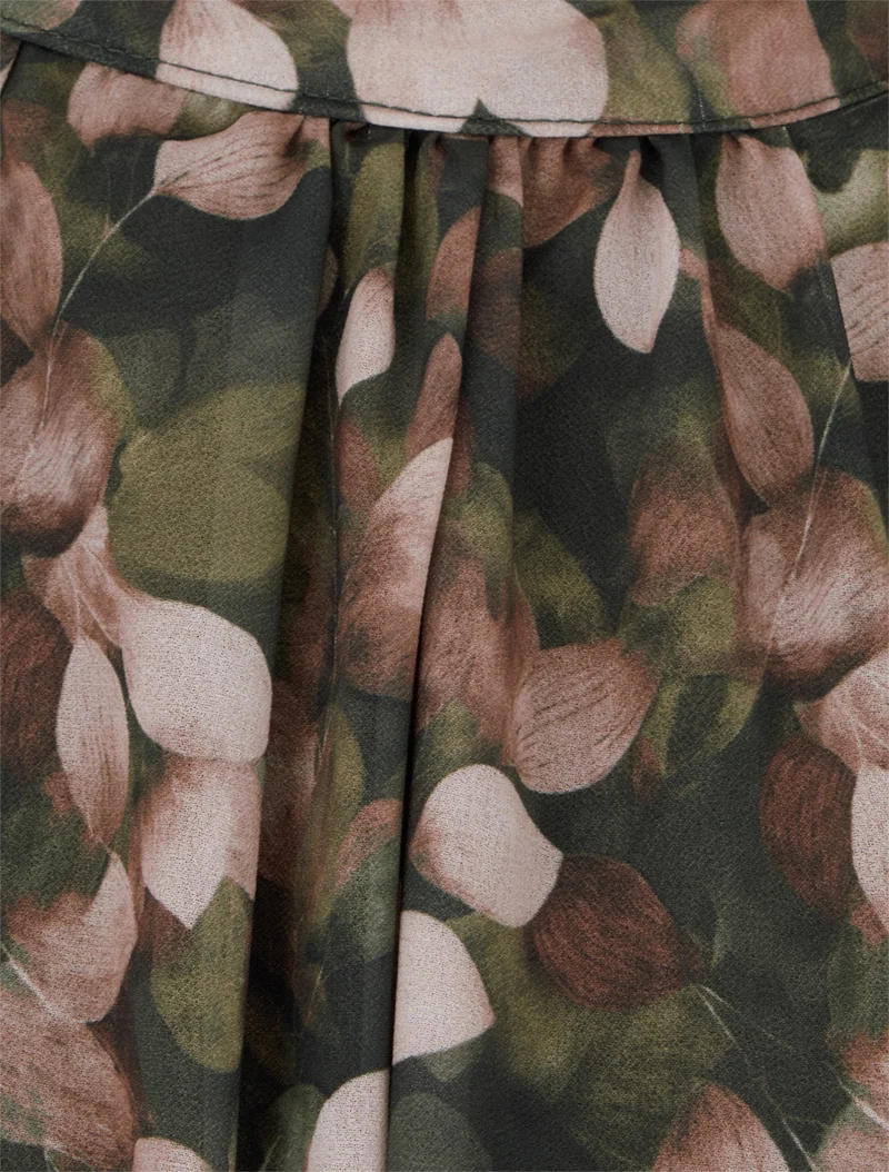 Blouse fluide imprimé feuilles à liens - Kaki