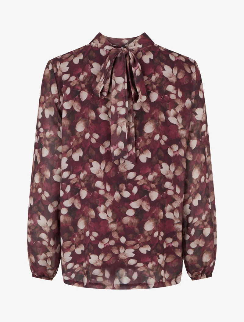 Blouse fluide imprimé feuilles à liens - Prune