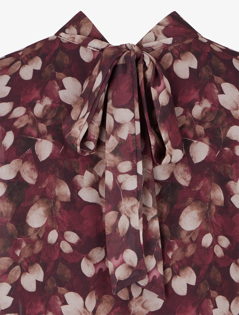 Blouse fluide imprimé feuilles à liens - Prune