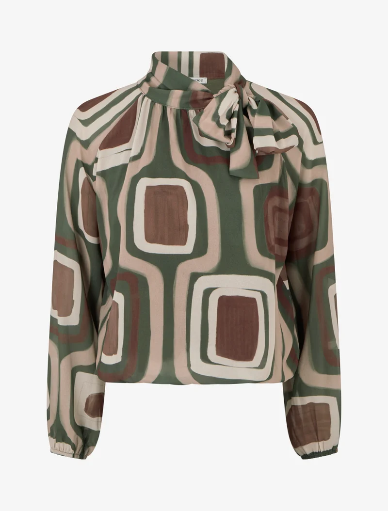 Blouse en voile imprimé rétro à nouer - Kaki