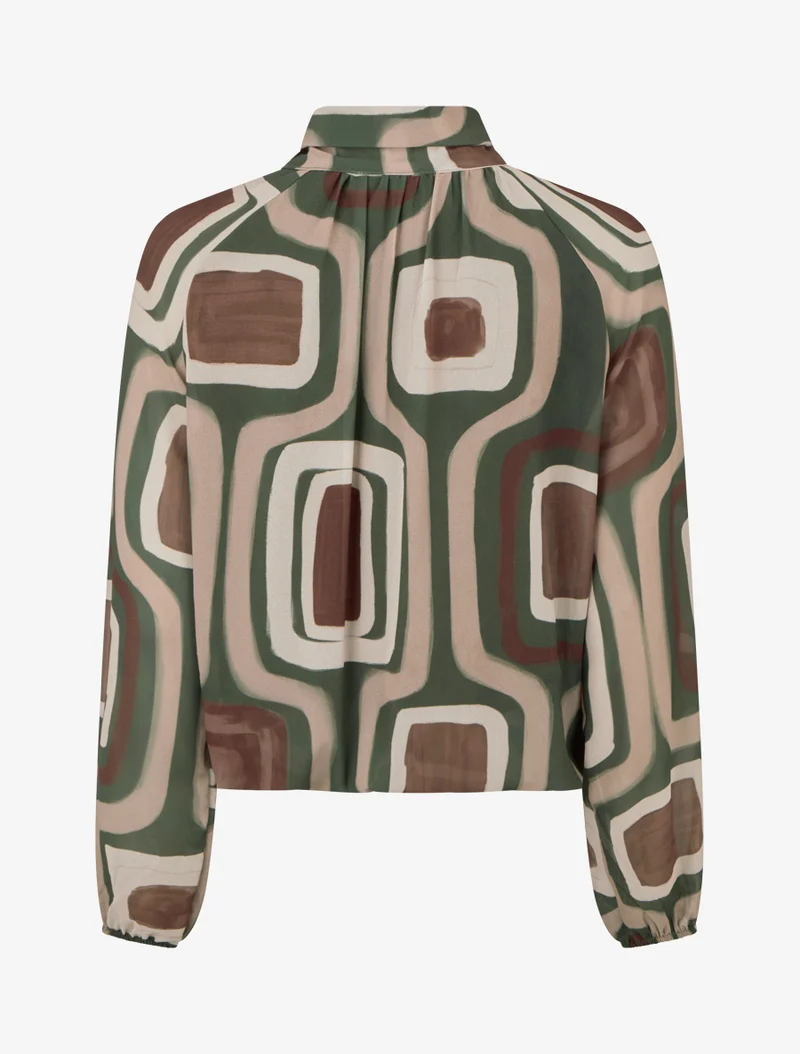 Blouse en voile imprimé rétro à nouer - Kaki