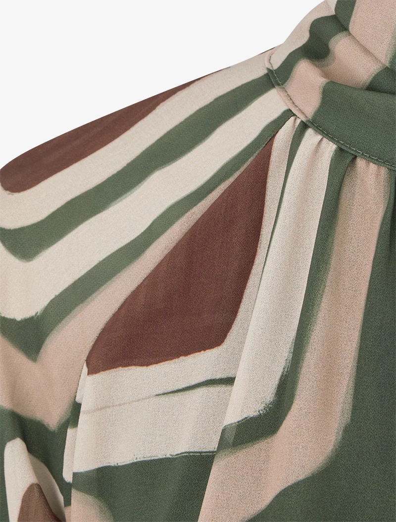 Blouse en voile imprimé rétro à nouer - Kaki