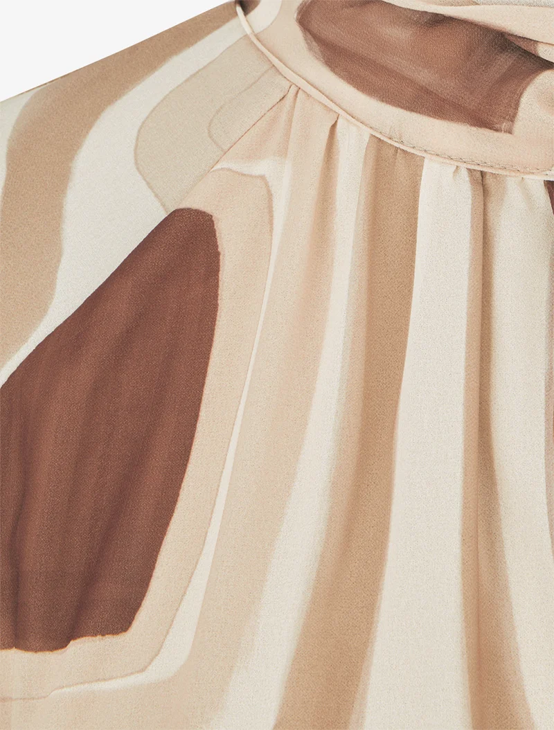 Blouse en voile imprimé rétro à nouer - Beige