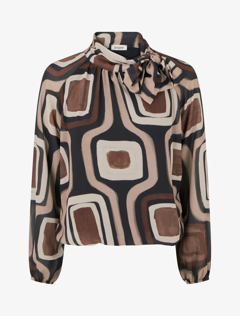 Blouse en voile imprimé rétro à nouer - Noir
