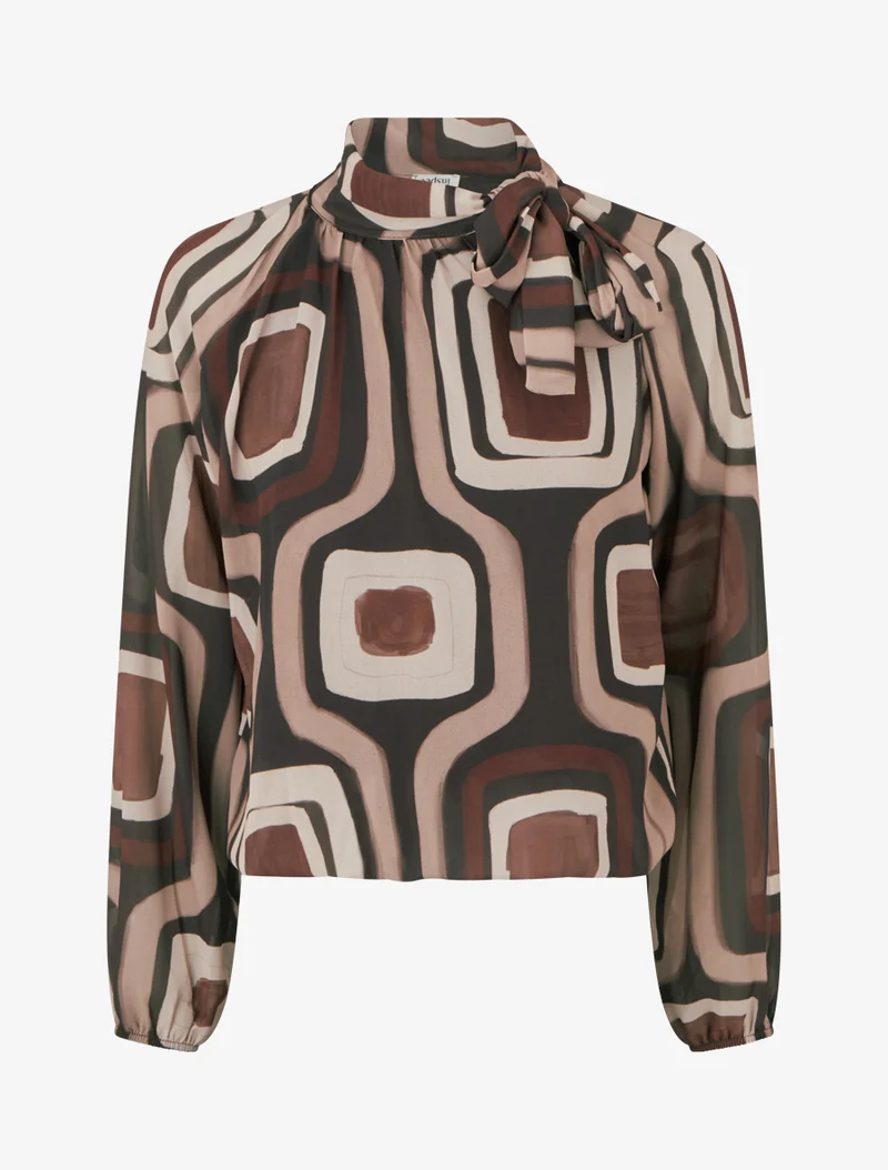 Blouse en voile imprimé rétro à nouer - Marron
