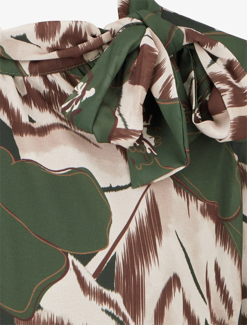 Blouse en voile imprimé floral à nouer - Kaki