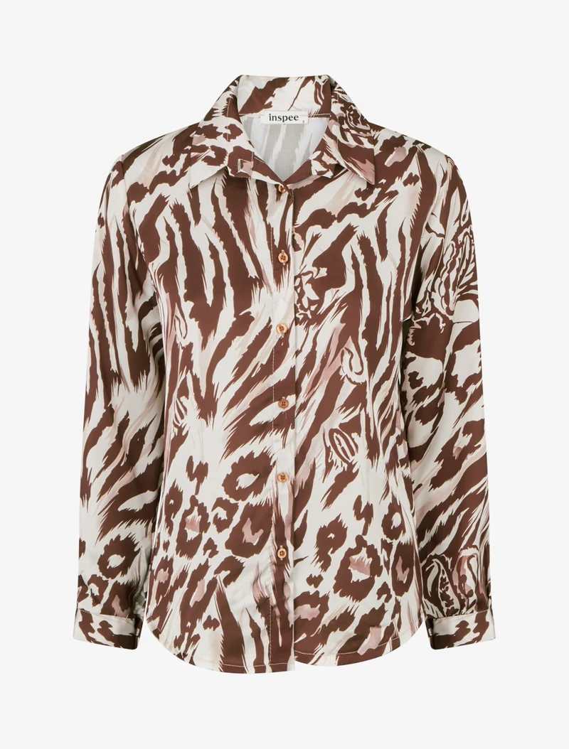 Chemisier satiné imprimé animal - Marron