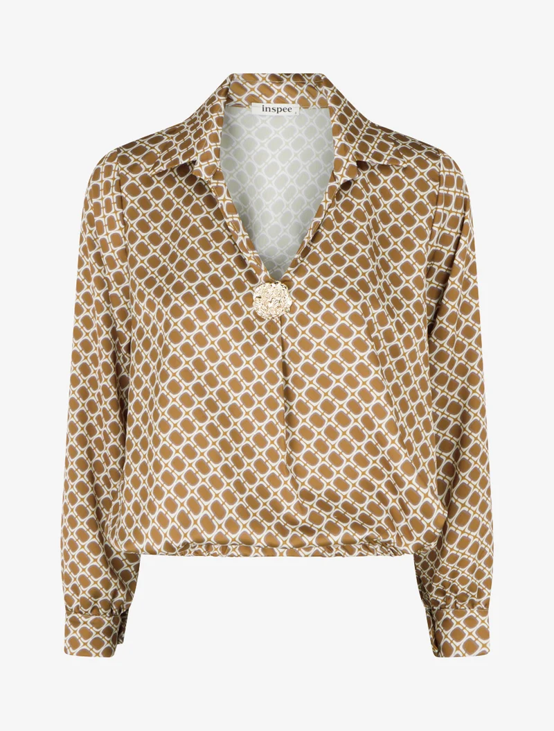 Blouse satinée imprimé 70's - Jaune moutarde