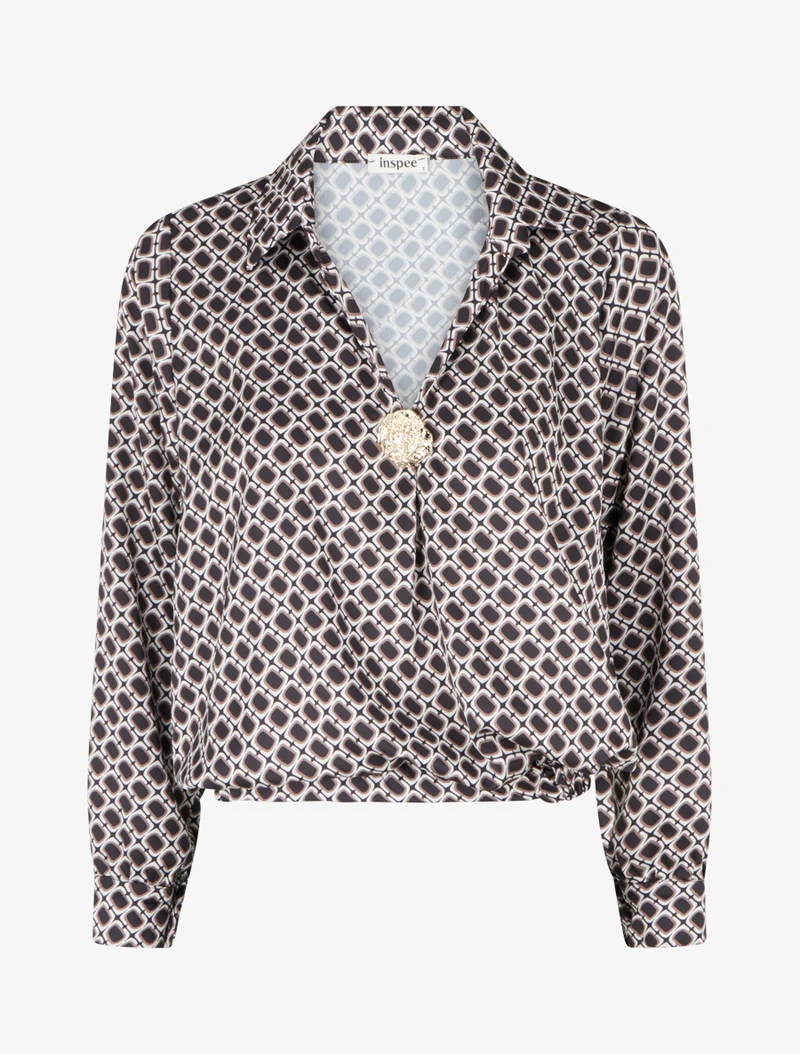 Blouse satinée imprimé 70's - Noir