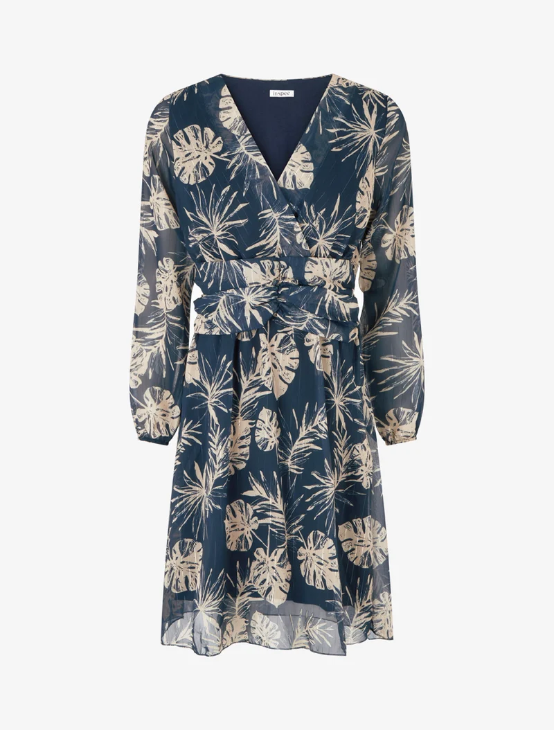 Robe imprimé feuillage à rayures irisées - Marine