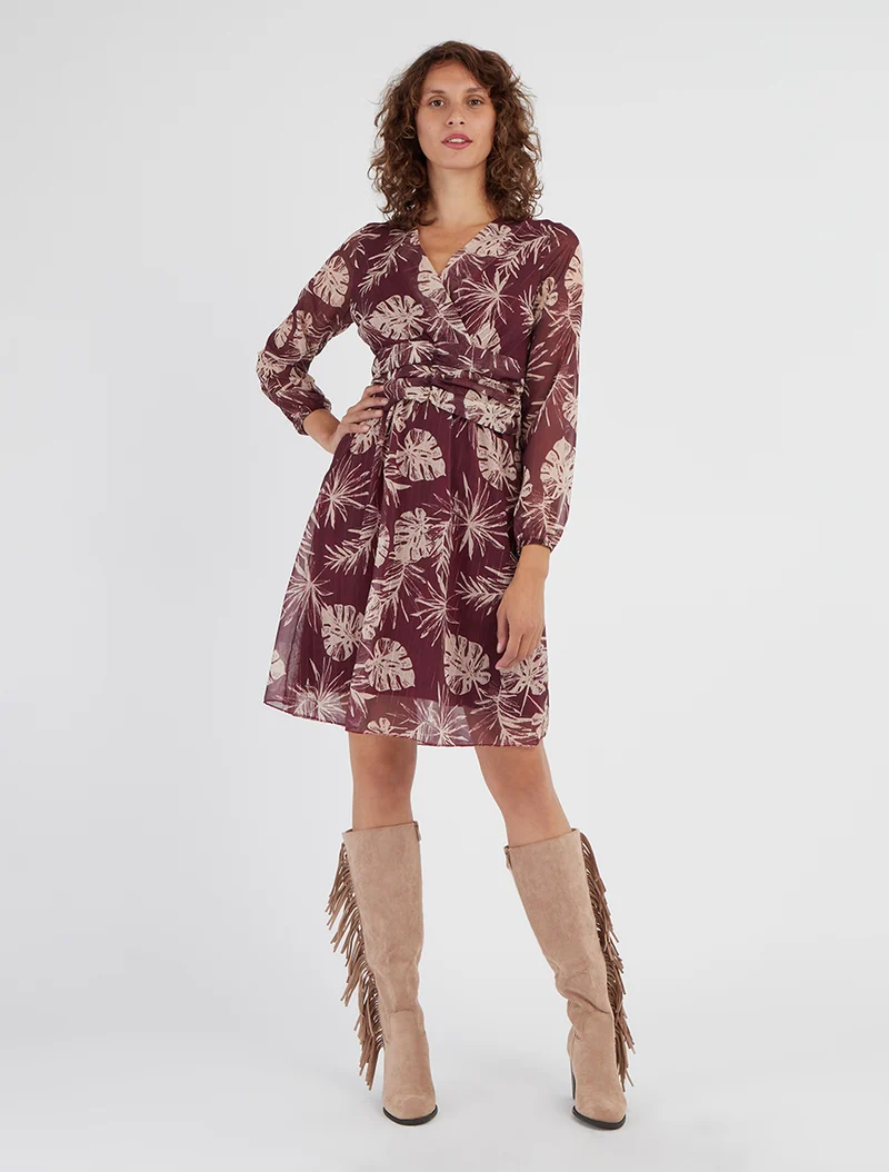 Robe imprimé feuillage à rayures irisées - Prune
