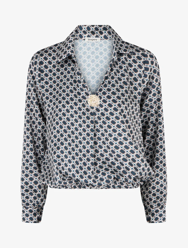 Blouse satinée imprimé 70's - Bleu canard