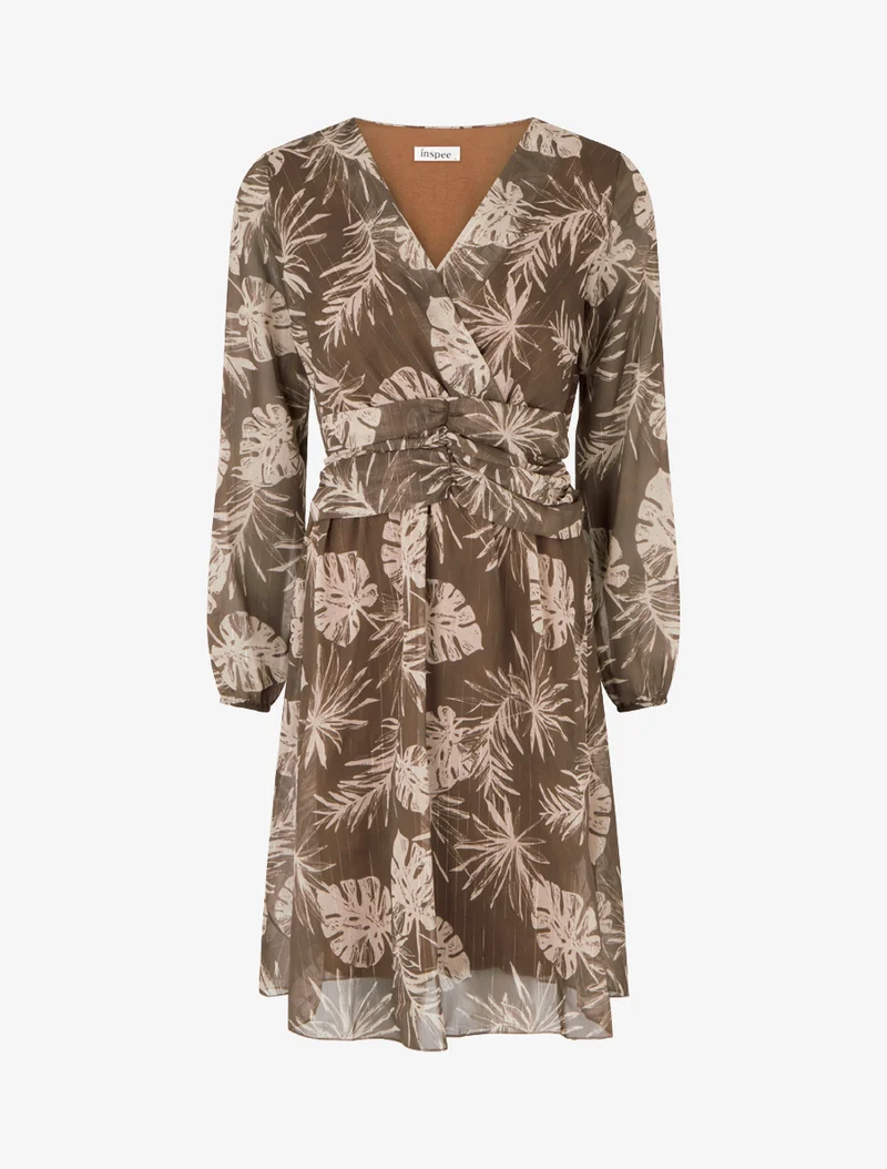 Robe imprimé feuillage à rayures irisées - Marron