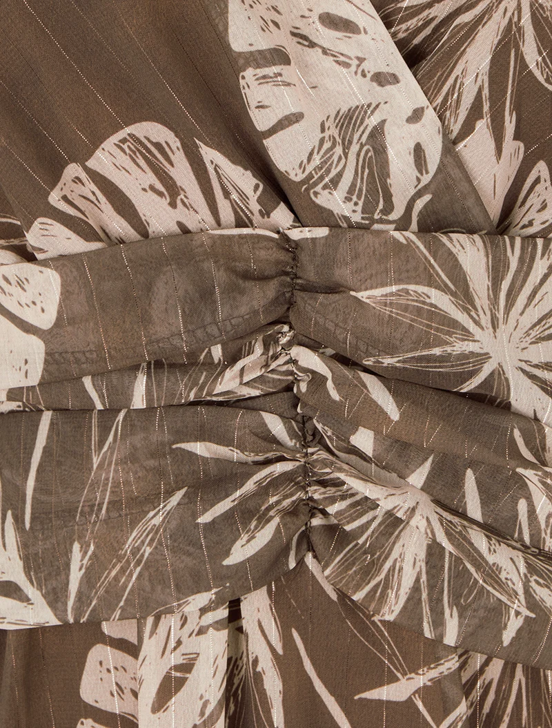 Robe imprimé feuillage à rayures irisées - Marron