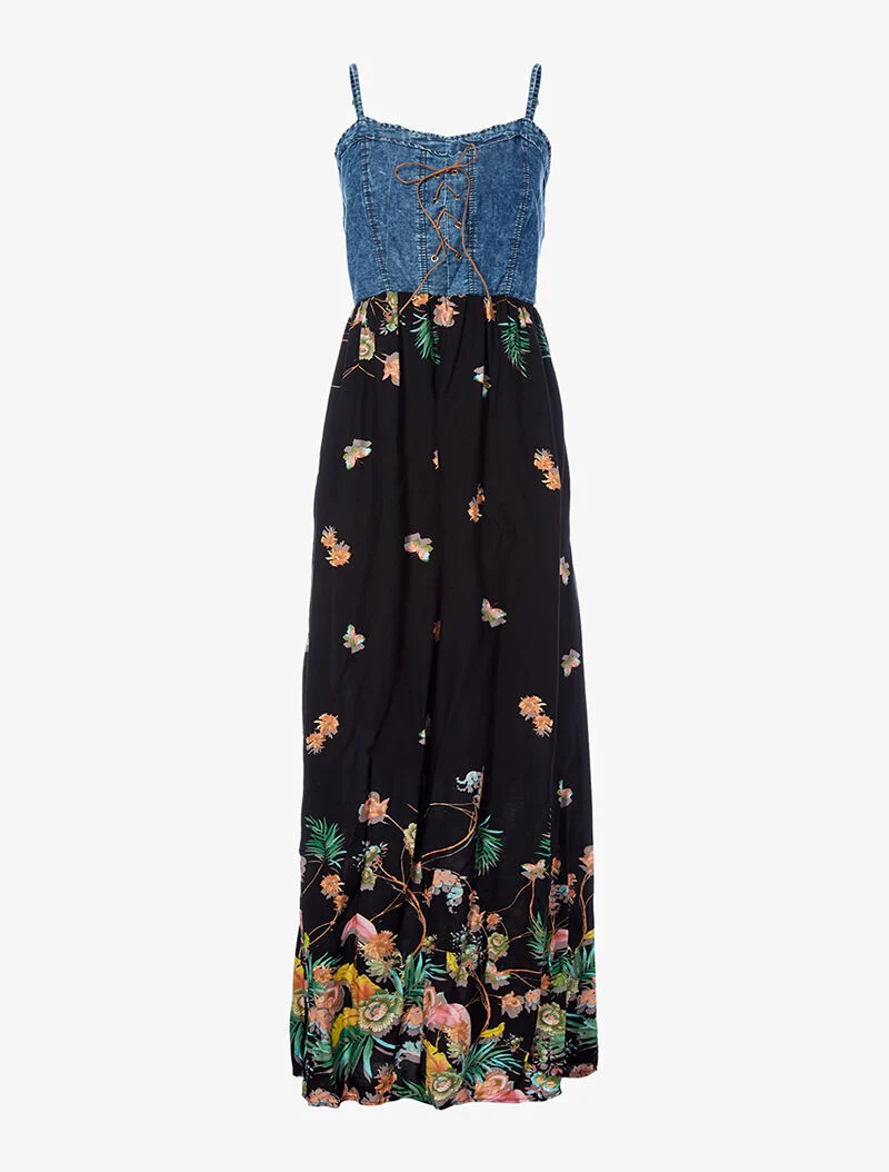 Robe longue imprimé printanier et buste en denim - noir
