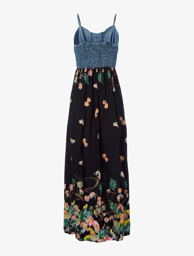 Robe longue imprimé printanier et buste en denim - noir
