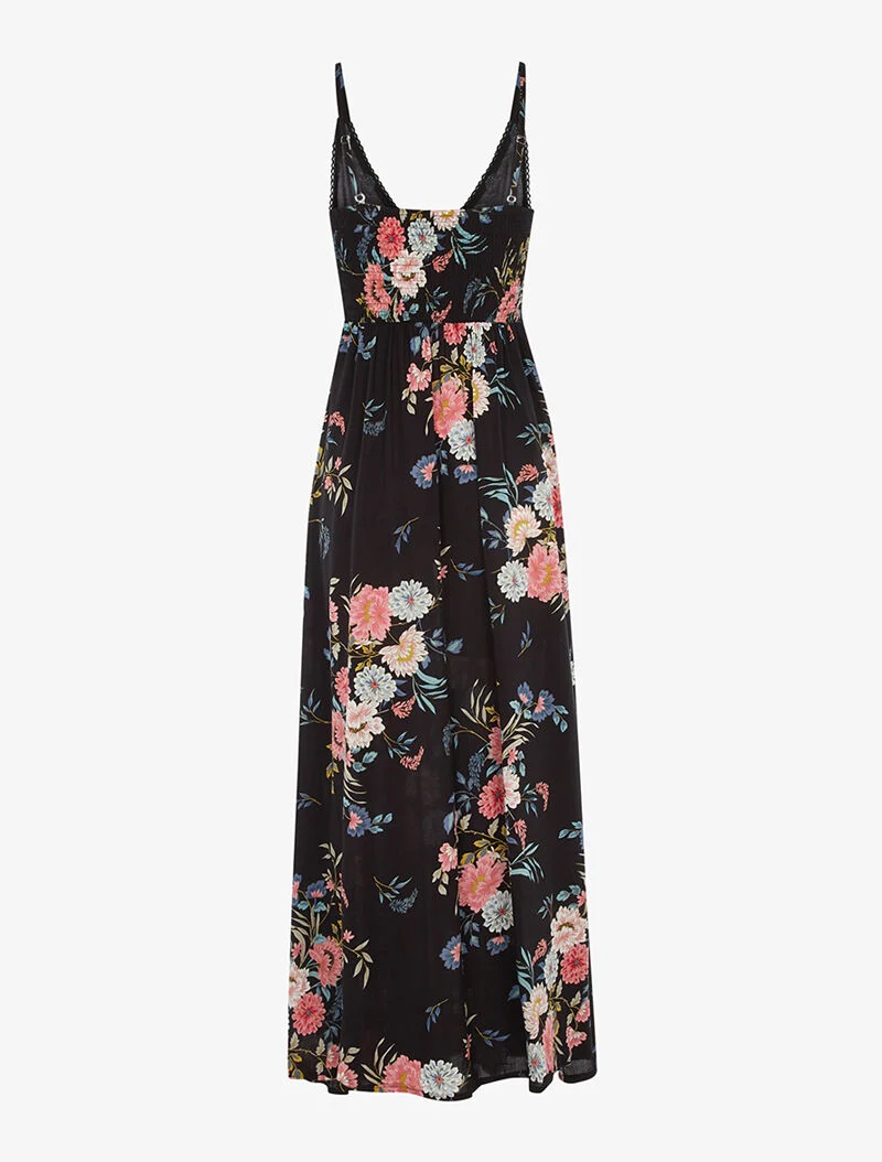 Robe longue fleurie à détails crochet - noir