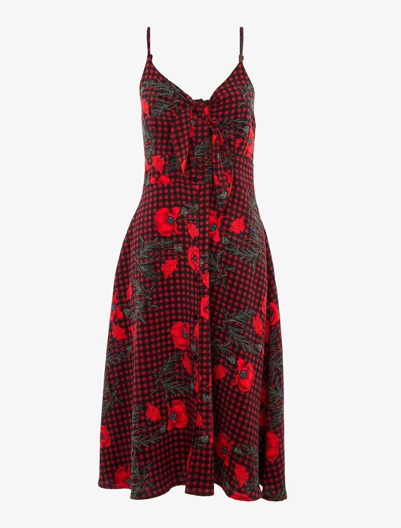 Robe trapèze à carreaux et fleurs - rouge/noir