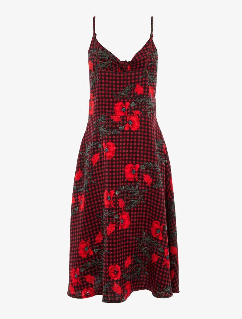 Robe trapèze à carreaux et fleurs - rouge/noir