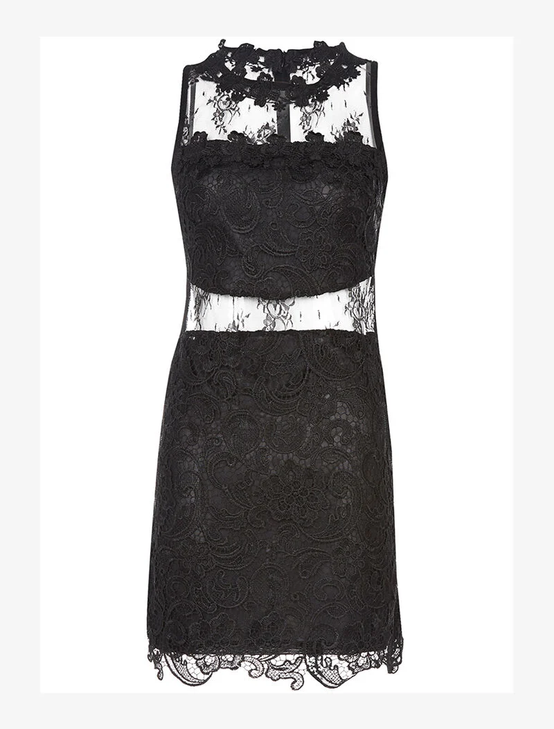 Robe dentelle ventre à bande transparente - noir