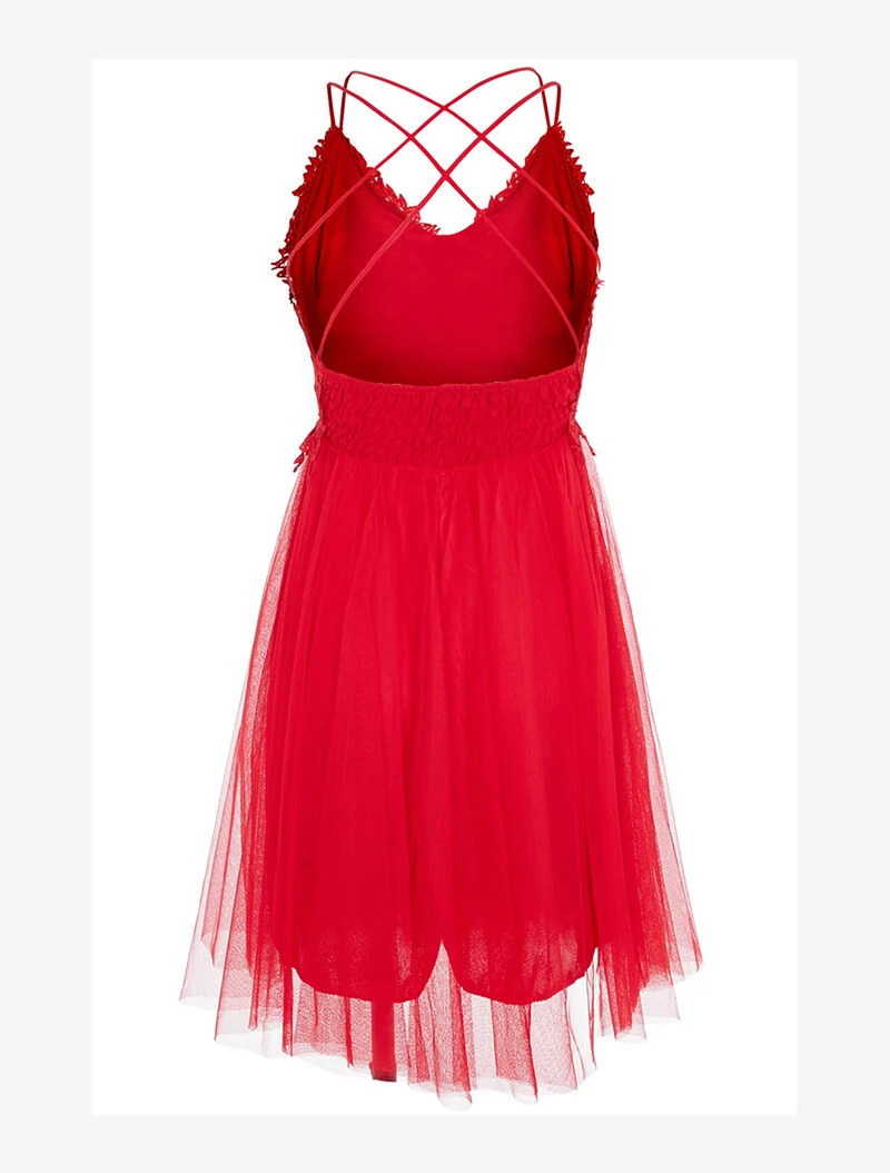 Robe bi matière à bretelles croisées - rouge