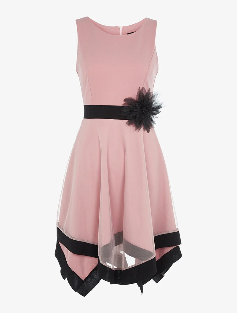 Robe à empiècement tulle et broche - vieux rose