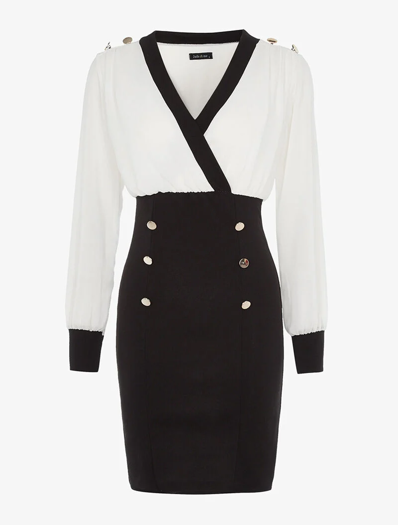 Robe fourreau à boutonnières - blanc et noir