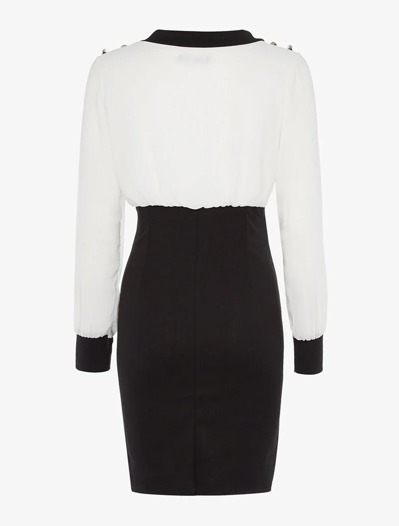 Robe fourreau à boutonnières - blanc et noir