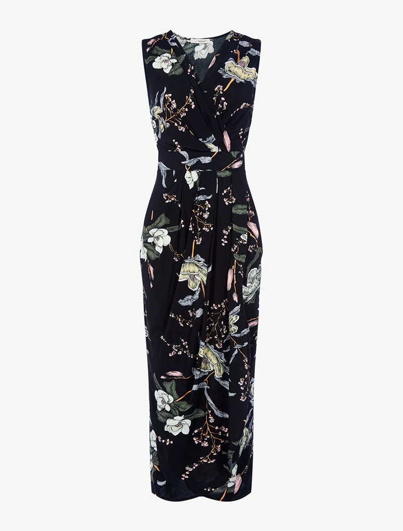 Robe longue cache-coeur à fleurs - noir