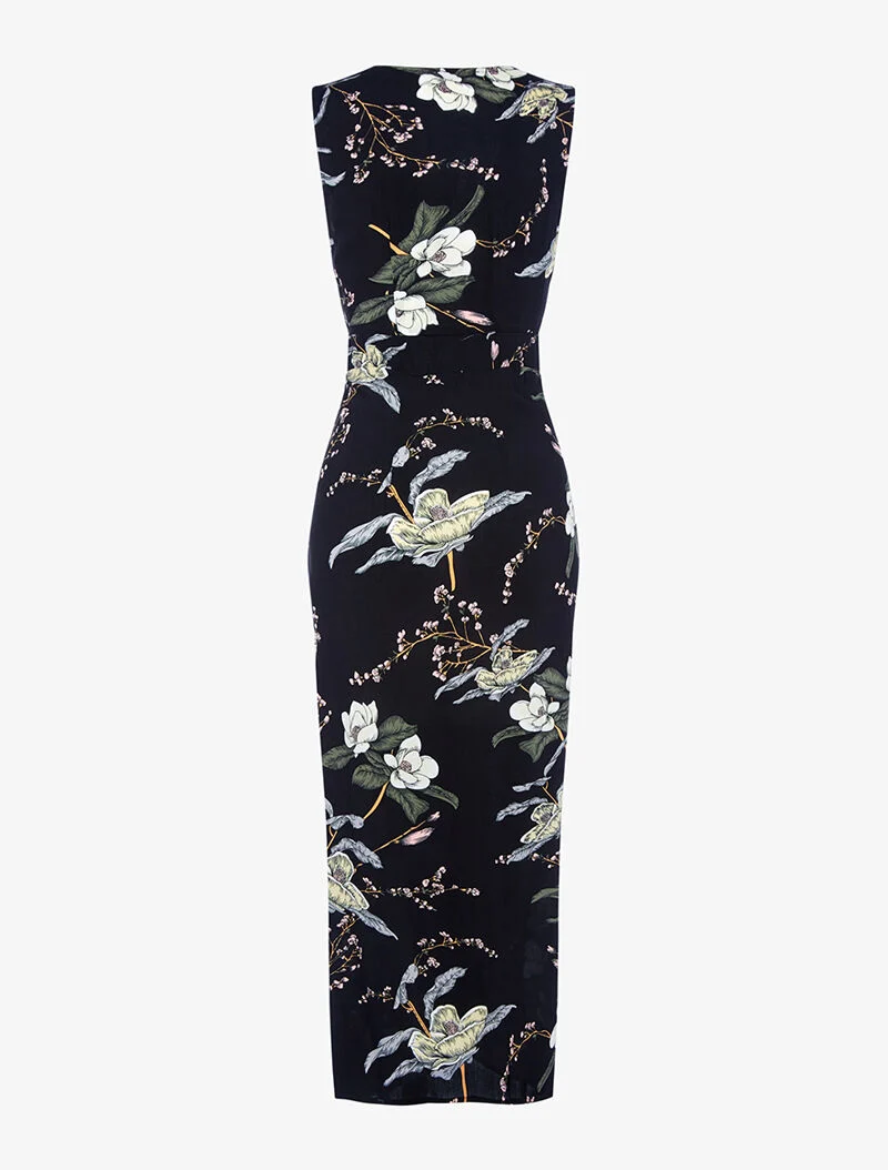 Robe longue cache-coeur à fleurs - noir