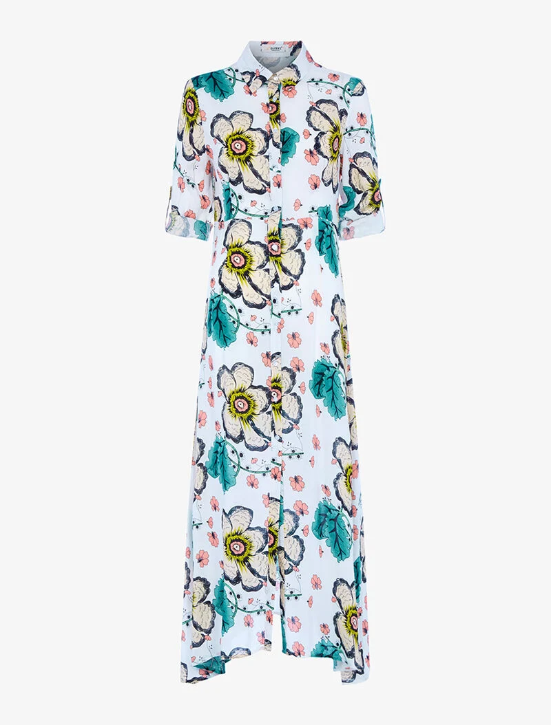 Robe longue cintrée à imprimé grandes fleurs - ecru