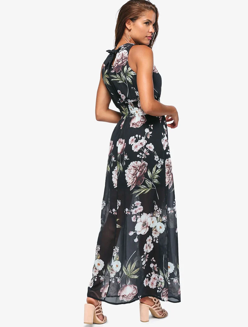 Robe longue à imprimé grosses fleurs - noir