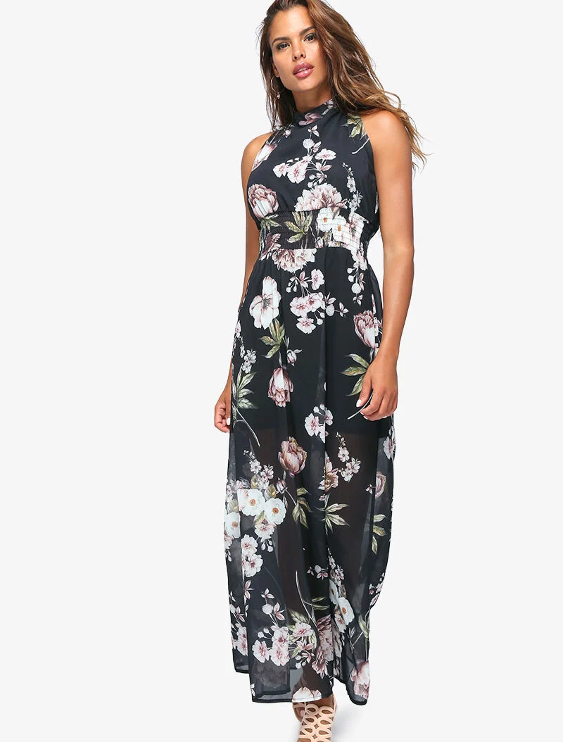 Robe longue à imprimé grosses fleurs - noir