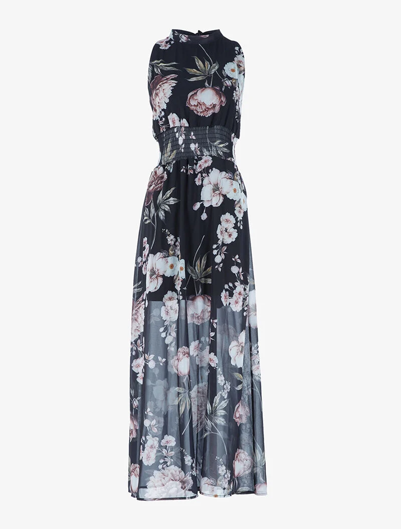 Robe longue à imprimé grosses fleurs - noir