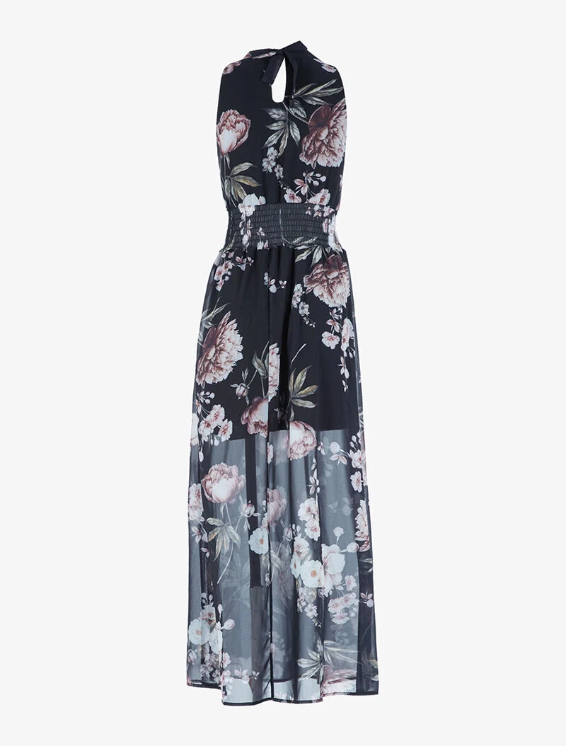 Robe longue à imprimé grosses fleurs - noir