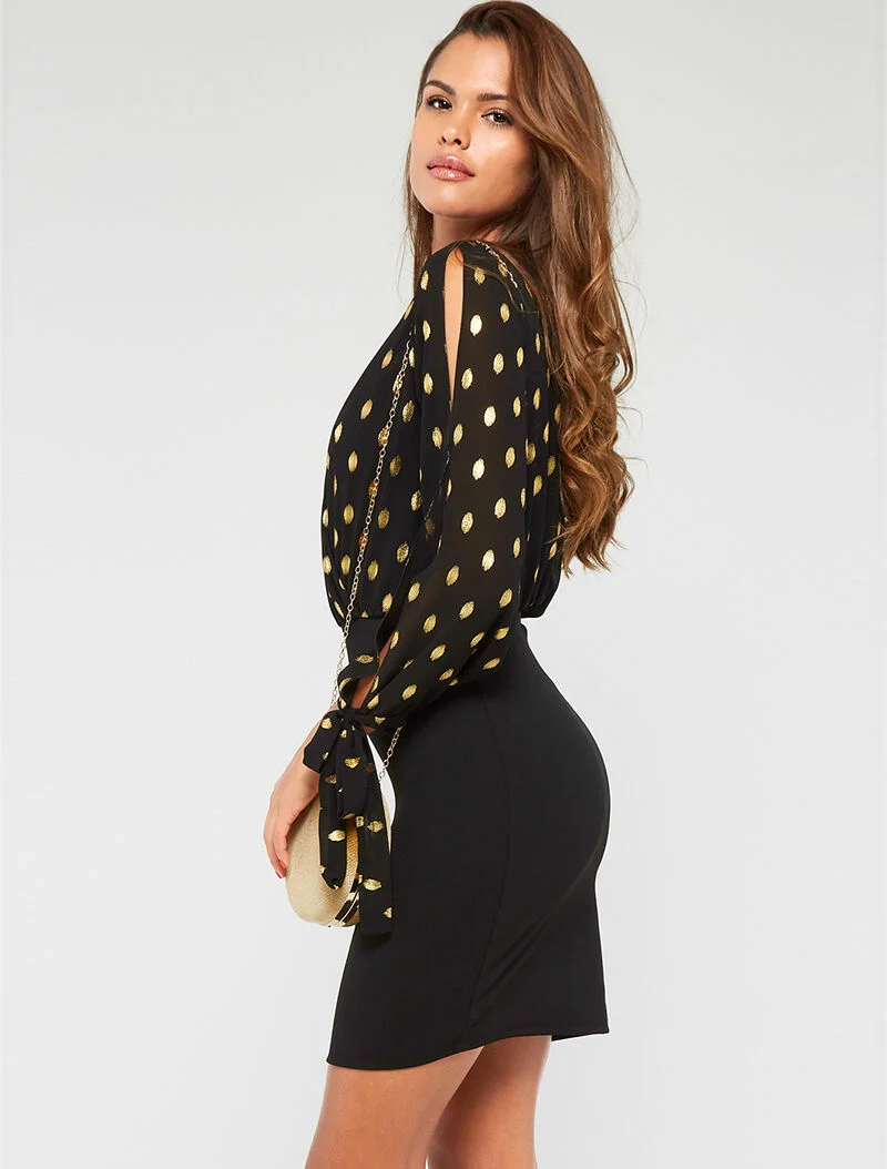 Robe cache-coeur à flocage doré - noir