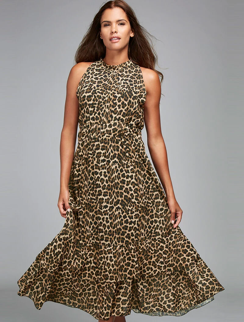 Robe longue léopard nuque à nouer - beige