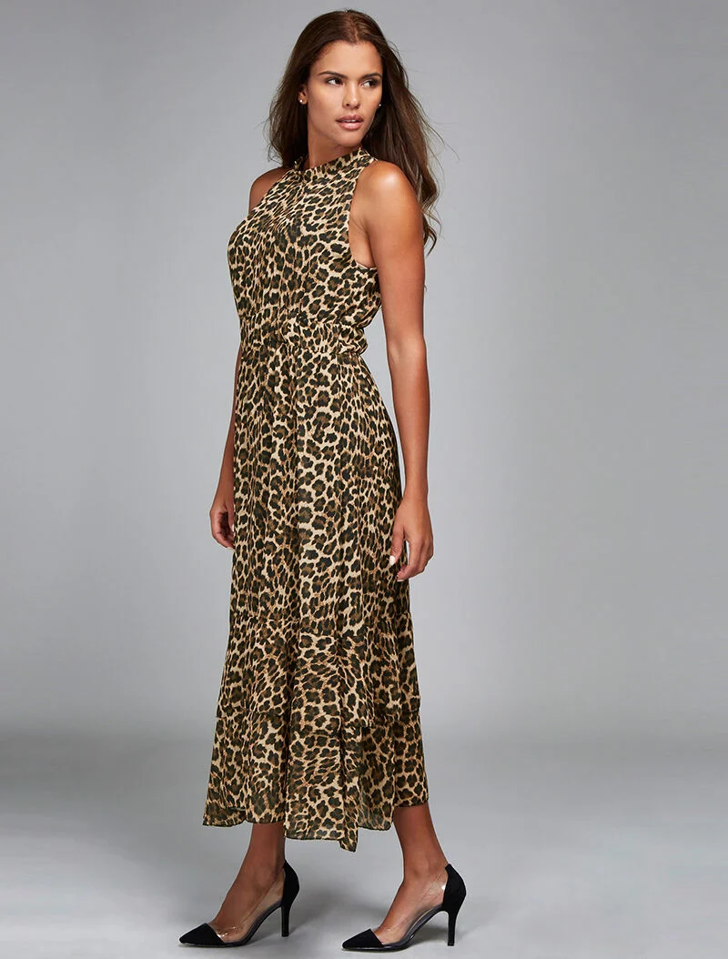 Robe longue léopard nuque à nouer - beige