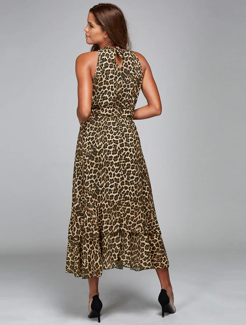 Robe longue léopard nuque à nouer - beige