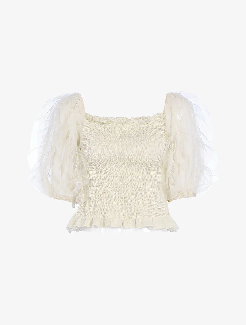 Crop top à manches bouffantes volantées - beige
