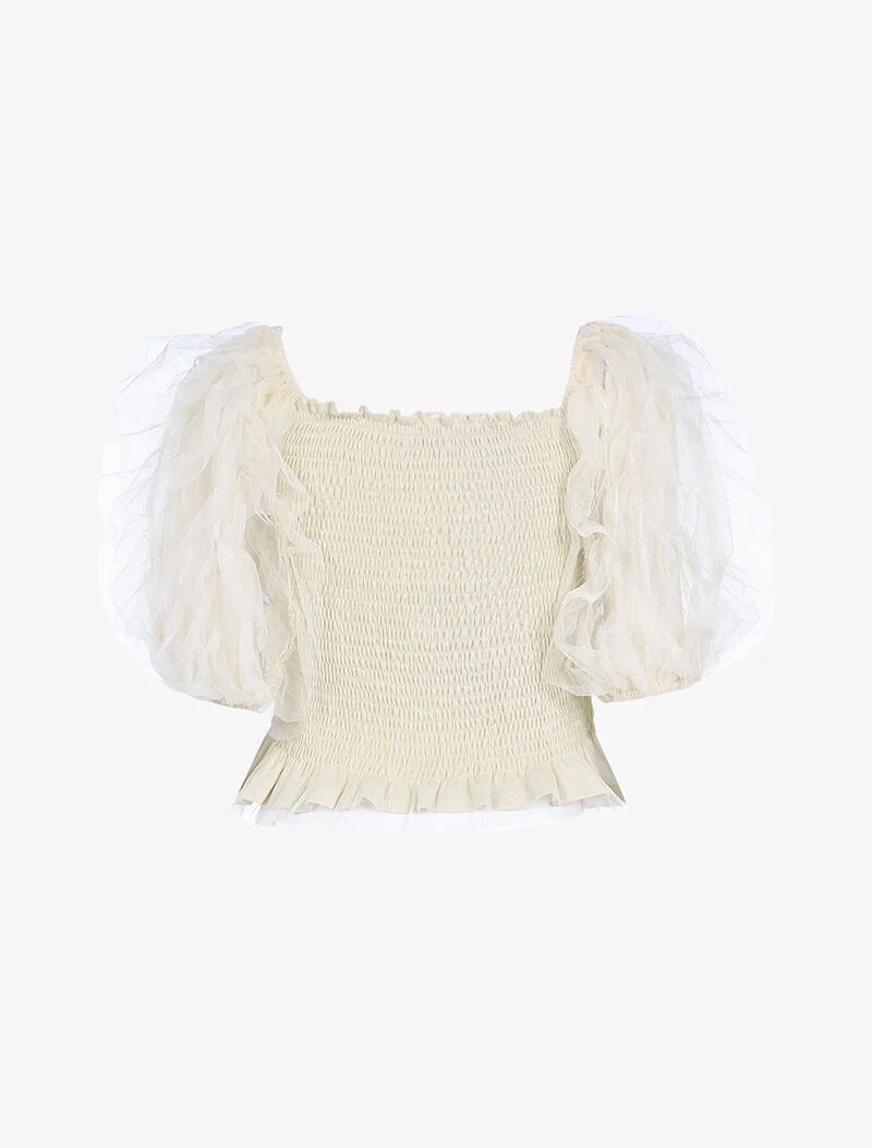 Crop top à manches bouffantes volantées - beige