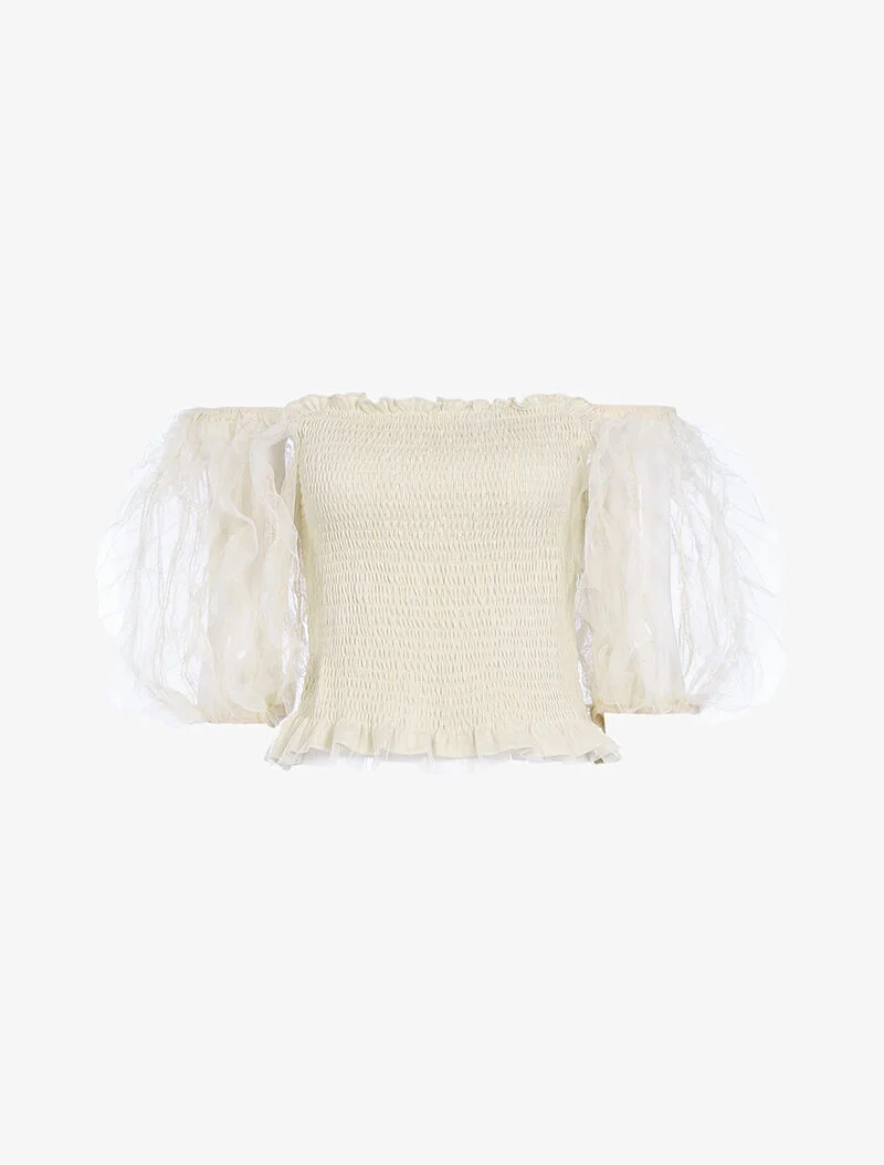 Crop top à manches bouffantes volantées - beige