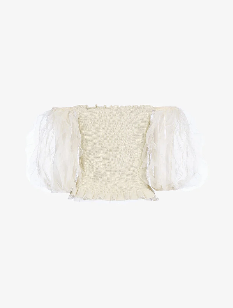 Crop top à manches bouffantes volantées - beige