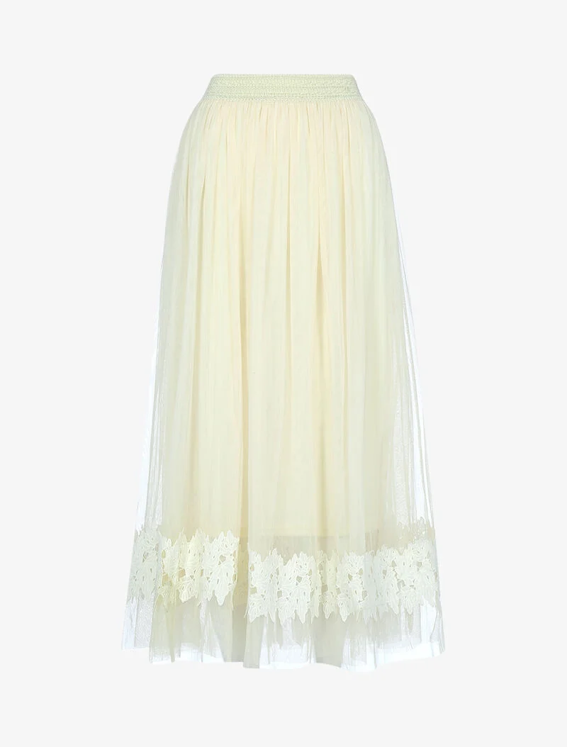 Jupe en voile à empiècement feuille brodée - beige