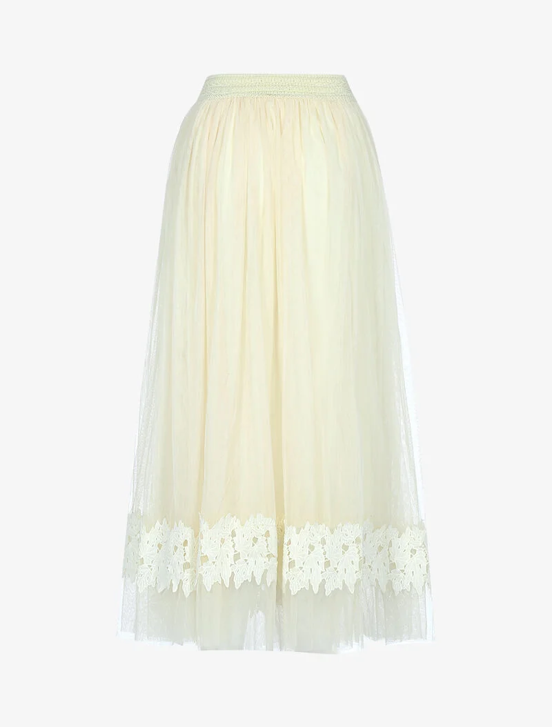 Jupe en voile à empiècement feuille brodée - beige