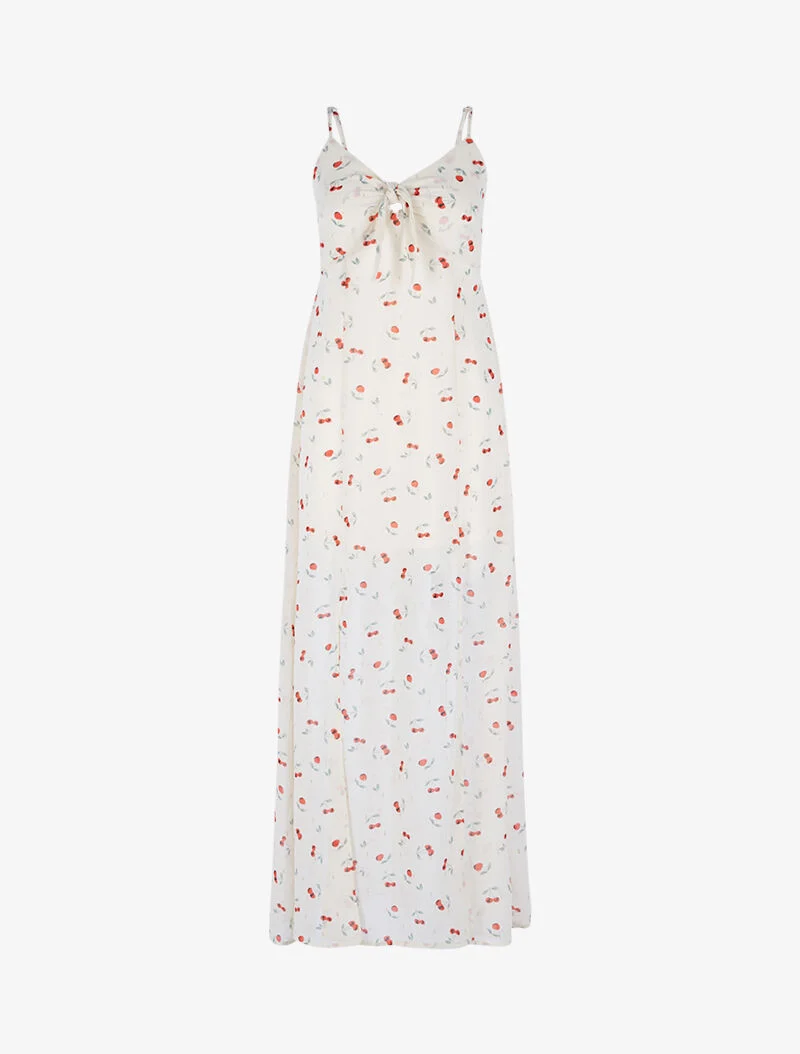 Robe longue fendue en voile imprimé - beige