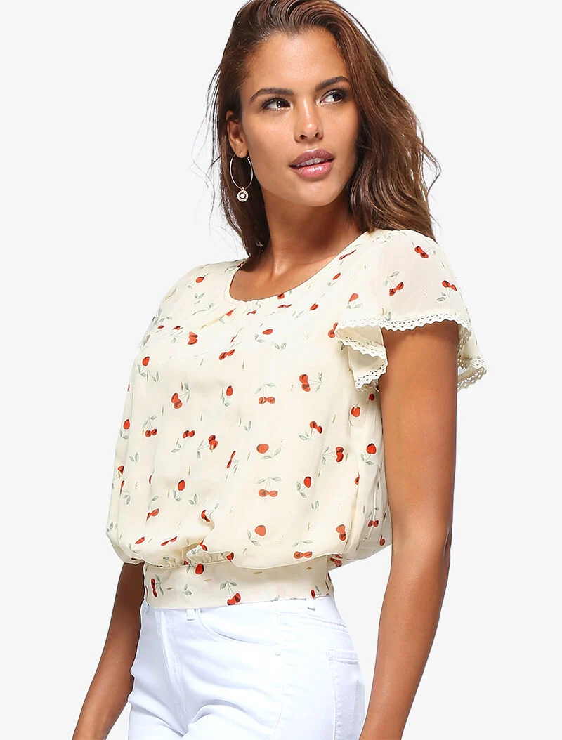 Top court à imprimé cerises - beige