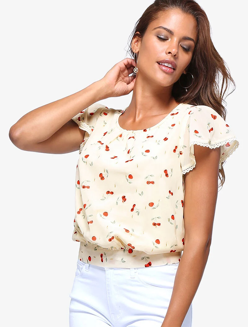 Top court à imprimé cerises - beige