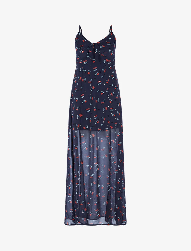 Robe longue fendue en voile imprimé - bleu nuit