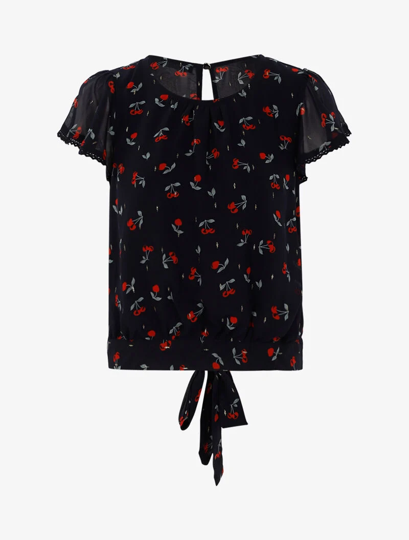 Top court à imprimé cerises - marine